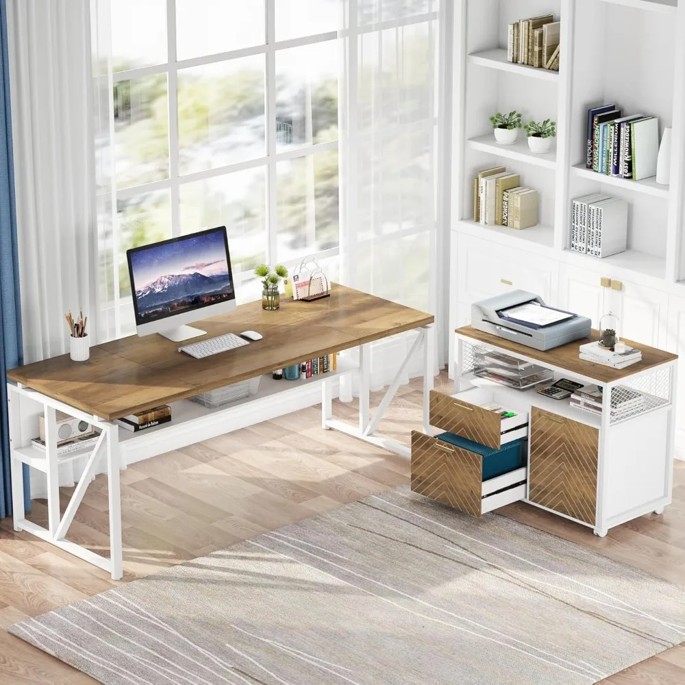 Mesa em forma de L com gaveta, 55 "Executive Computer Desk e armário de arquivo vertical, 2 peças de mobiliário Home Office com gavetas