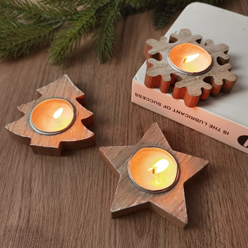 Wooden Xmas Snowflake Candlestick New Year Star Tree Shaped Candle Holder Noel Natal Christmas Decoration for Home Table Desktop