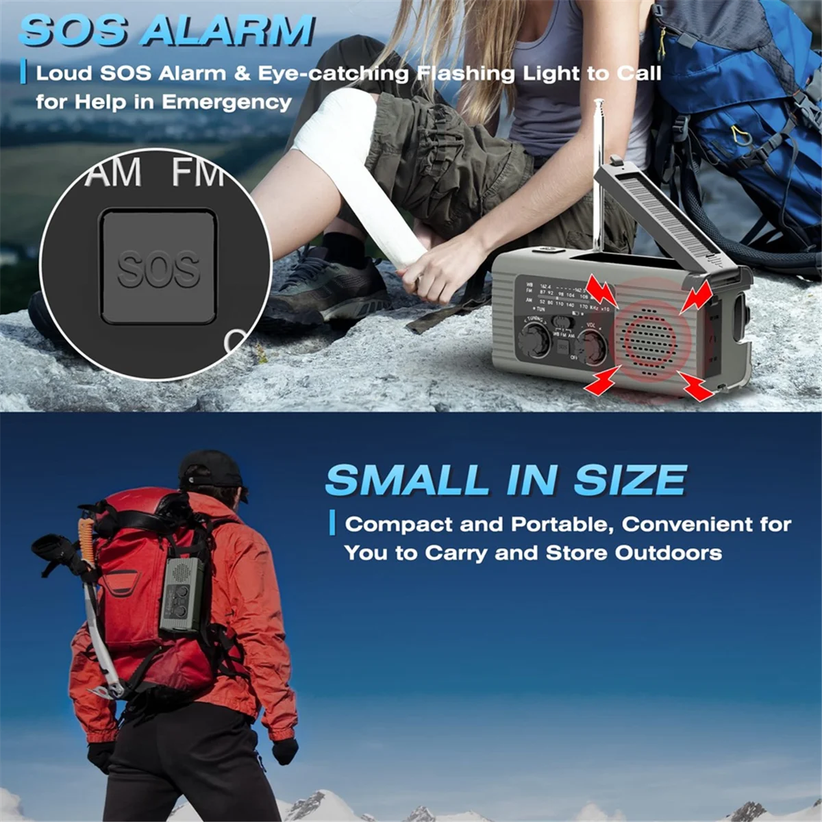 AA87C Notfall-Wetterradio, 4000 mAh Wetteralarmradio, Solaraufladung, Handkurbel und USB-Aufladung, AM/FM-Radio – Grau