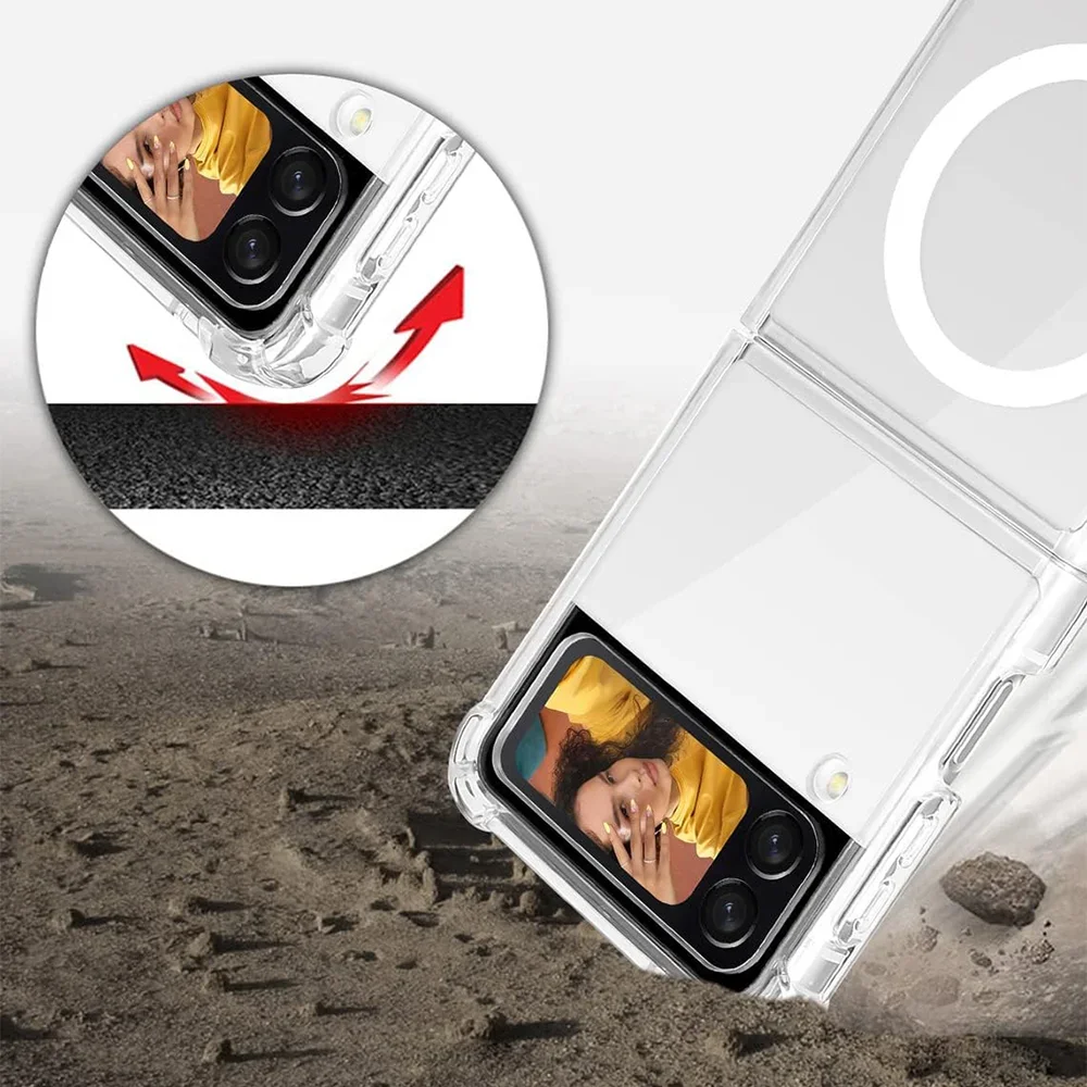 حافظة مغناطيسية شفافة لهاتف سامسونج جالاكسي Z Flip 3/4/5 Magsafe حافظة متينة مبطنة بالهواء تدعم شحن لاسلكي