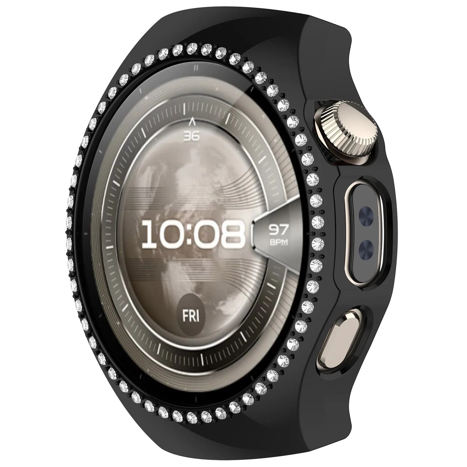 For Huawei Watch 5 42mm Watch Case Rhinestone Decor Hollow Electroplating PC Watch Cover - Black
