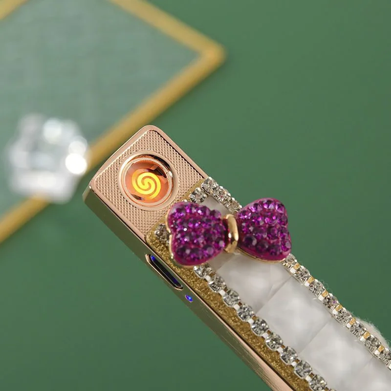 Popular Lighter Charging Personalized Creative Gift Women's Diamond Set Ultra Thin Fashion USB Windproof Lighter
