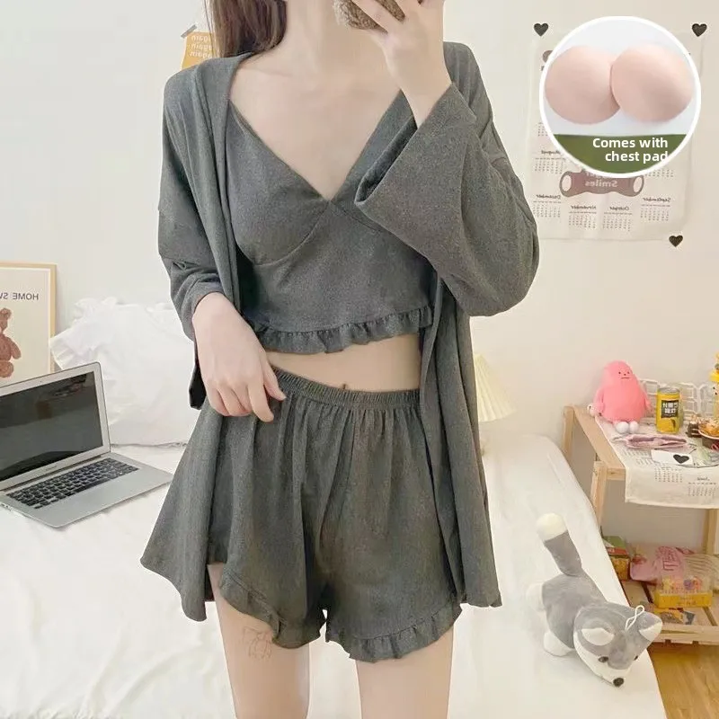 New Girls Casual 3-Piece Pajamas Women's Long Sleeve Jacket with Camisole Shorts Set Adult Homewear Young Women’s Sexy Clothing 2