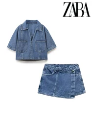 TRAF Women's Pocket Decoration Loose Denim Suit Casual Lapel Short Shirt Asymmetric Skirt Commuter Versatile Two Piece Set