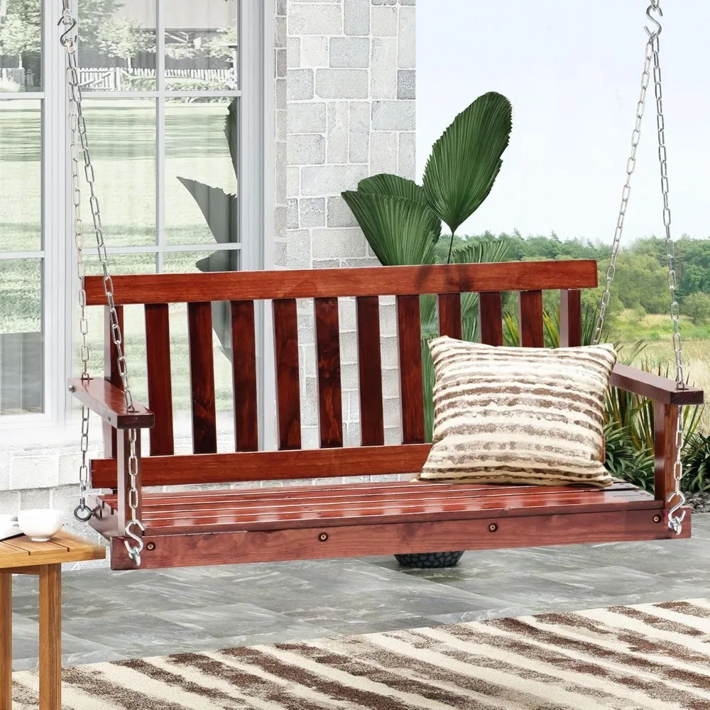 

Wooden porch swing chair, outdoor patio swing with hanging chain and reclining backrest, outdoor hanging swing