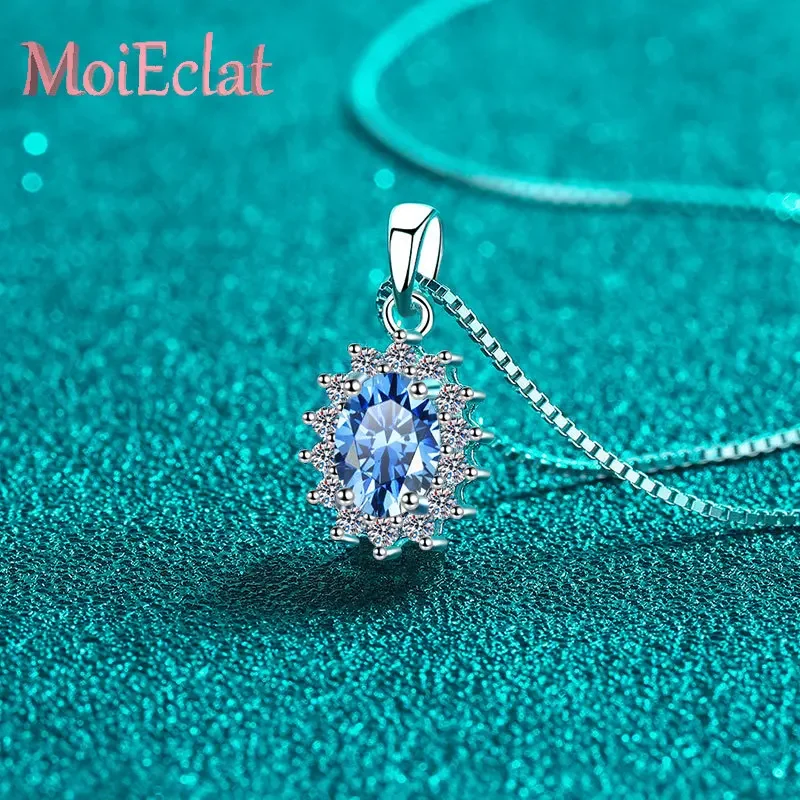 Stylish 1 Carat Blue Oval Moissanite Pendant Necklace for Women, Statement Drop Design Platinum PT950 Box Chain Jewelry