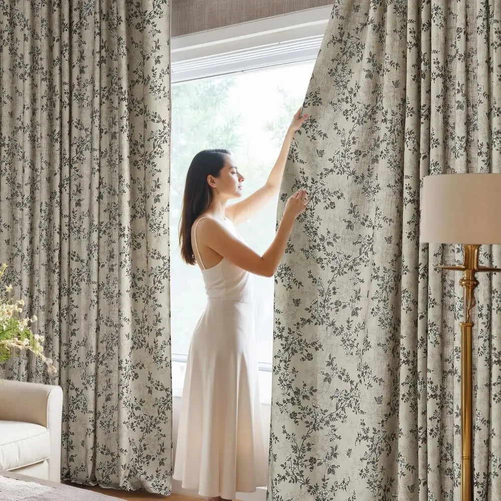 Tende in lino floreale con farfalla vintage, 52x84, trama spessa, non trasparente, per porte scorrevoli, stanze per ospiti e bambini