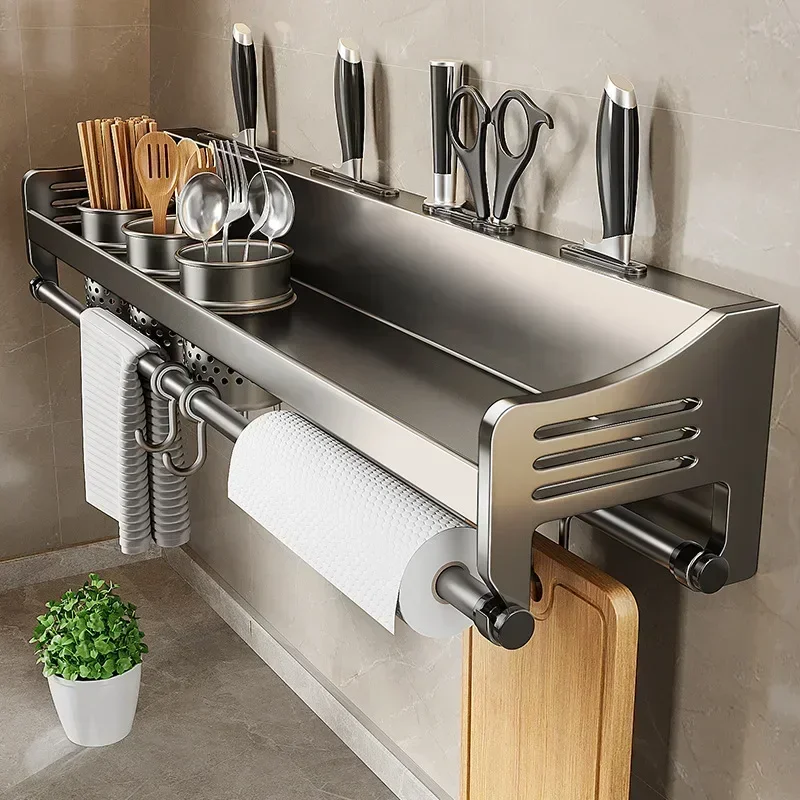 For Wall-mounted Kitchen Organizer Shelf Spice Storage Rack Household Seasoning Chopsticks Knife Spoon Shovel Storage Holder