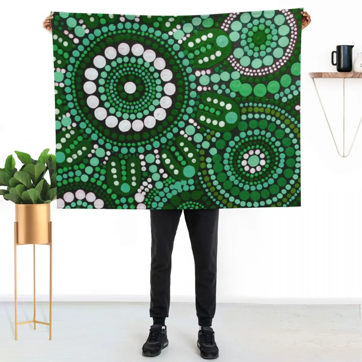 Australian Aboriginal Art Green Pattern Family Gathering Throw Blanket Furrys Plaid warm for winter for winter Blankets