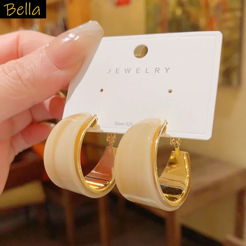 Multi Color Marbled Resin C Hoop Earrings Gold Edge Open Earring women Office Lady Everyday Commute Outfit