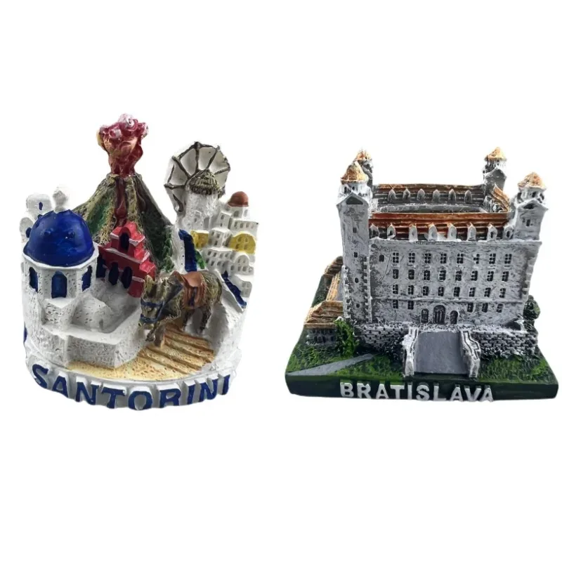 

Slovakia Bratislava Castle Figurines Greece Santorini Volcano Island Miniatures Birthday Gifts Home Decor Building Model