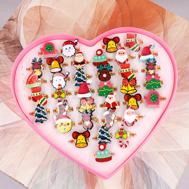 36pcs/lot Rings for Children Fruit Cartoon Christmas Ring Opening Adjustable Metal Engagement Jewelry  Gift Without Box