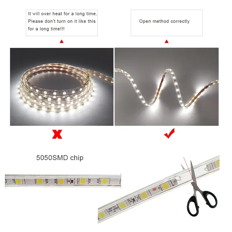 유연한 LED 스트립 조명, 야외 방수 고휘도 LED 조명, 주방 백라이트, 홈 데코, EU 플러그 스위치, 220V