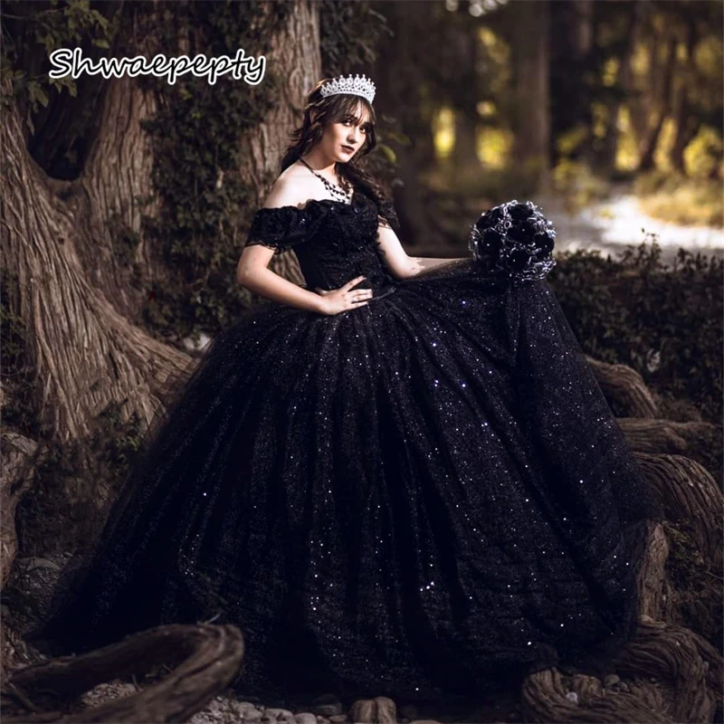 

Vestidos de quinceañera Black Sequined Quinceanera Dresses Off The Shoulder Ball Gown Prom Sweet 15 Dress For Girls Party