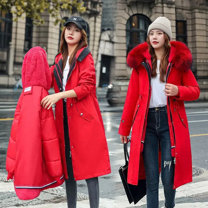 2023 New Detachable Snow Wear Long Parkas Winter Jacket Women Clothes Hooded Parka Female Fur Lining Thick Warm Student Coats