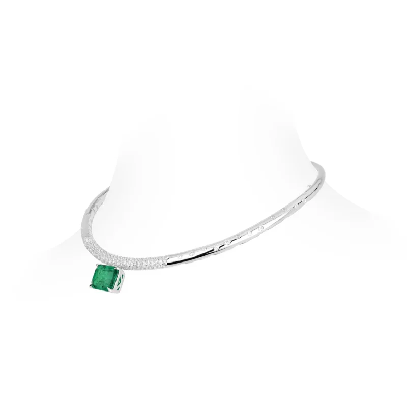 Bellux Fine Jewelry Pendant Torques 925 Silver Necklace Green Synthetic Zircon Emerald Square Light Luxury Fashion Jewelry