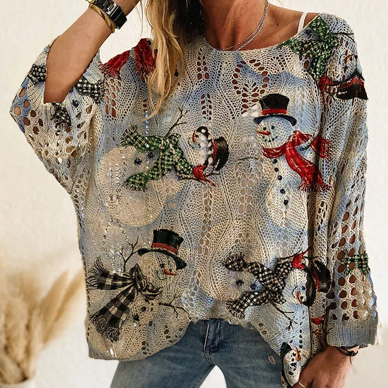 Feminino o pescoço manga morcego camisola solta novo casual crochê festival camisola topo outono natal impresso oco camisola de malha