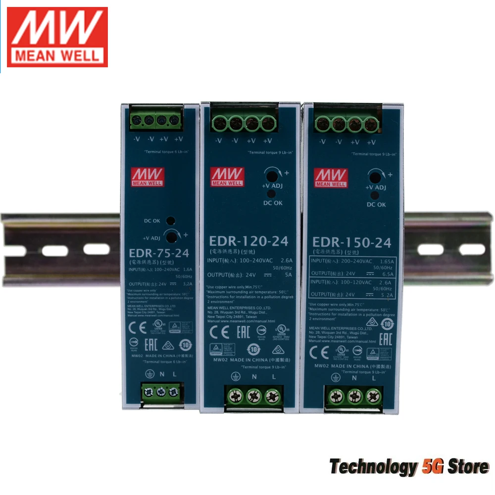 MEAN WELL EDR-75 EDR-120 EDR-150 75W 120W 150W DINレール取り付け型スイッチング電源 110V/220V AC入力 12V 24V 48V DC出力 電源ユニット