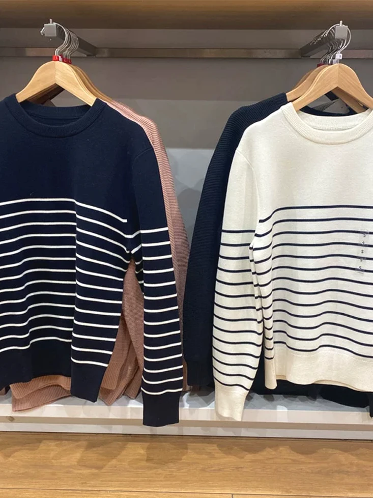 

Slim Fit Long Sve Knitted Sweater Stripe Pattern Core Spin Yarn round Ne Youthful Breathable Winter Casual American Sle