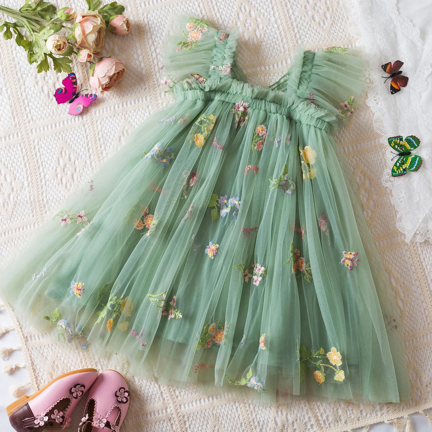 Cute Toddler Girls Flower Embroidery Baby Girl Dress Suspenders Mesh Baby Girl Clothes Birthday Princess Baby Dresses 1-5 Years