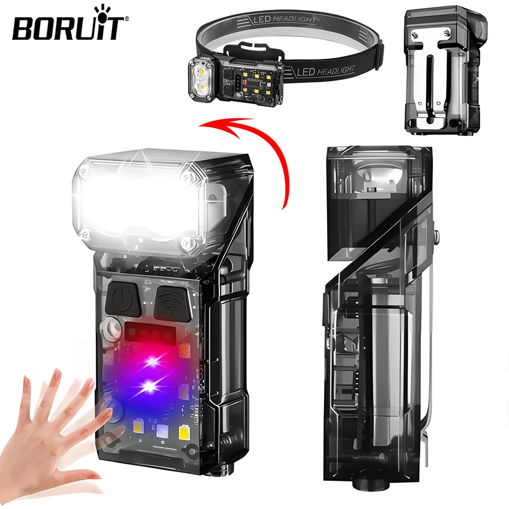 BORUIT Rotatable keychain Flashlight Sensor Headlamp Rechargeable With Magnet Cap Clip Headlight Outdoor Fishing Camping Lantern