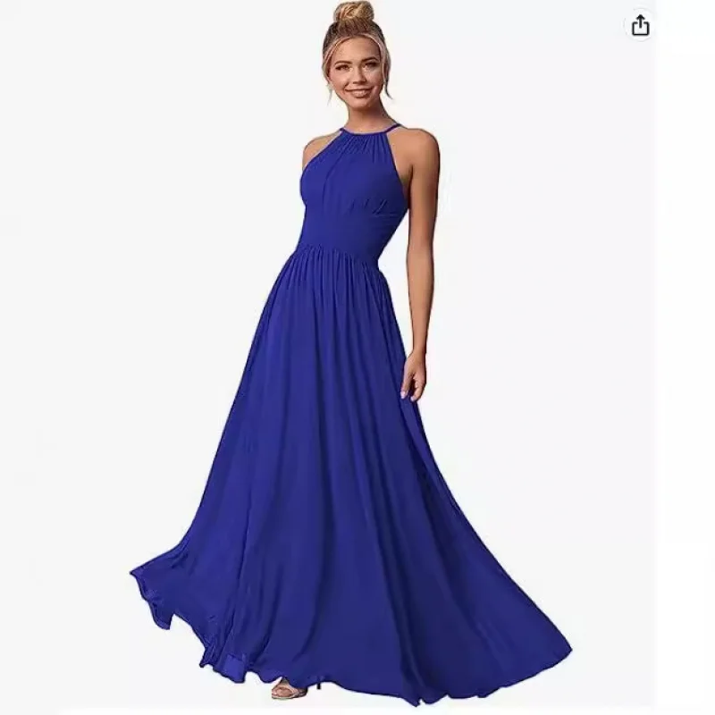 

Blue Halter Neck Chiffon Evening Dress Simple Elegant Summer New Backless Formal Bridesmaid Dresses