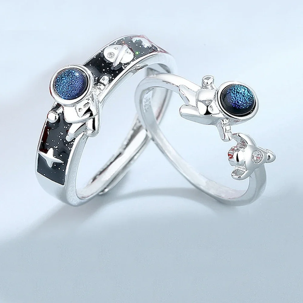Spaceman Astronauts Couple Ring Copper Plated Platinum Glass Azure Stone Overlap Open Jewelry Valentine's Day Gift Drop Shipping
