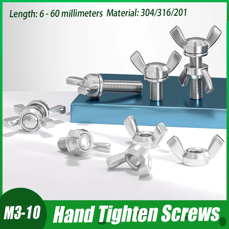 

M3 M4 M5 M6 M8 M10 Hand Tighten Screws Butterfly Bolt White Zinc Wing Thumb Screw Claw L:6-60mm 304/316/201 Stainless Steel