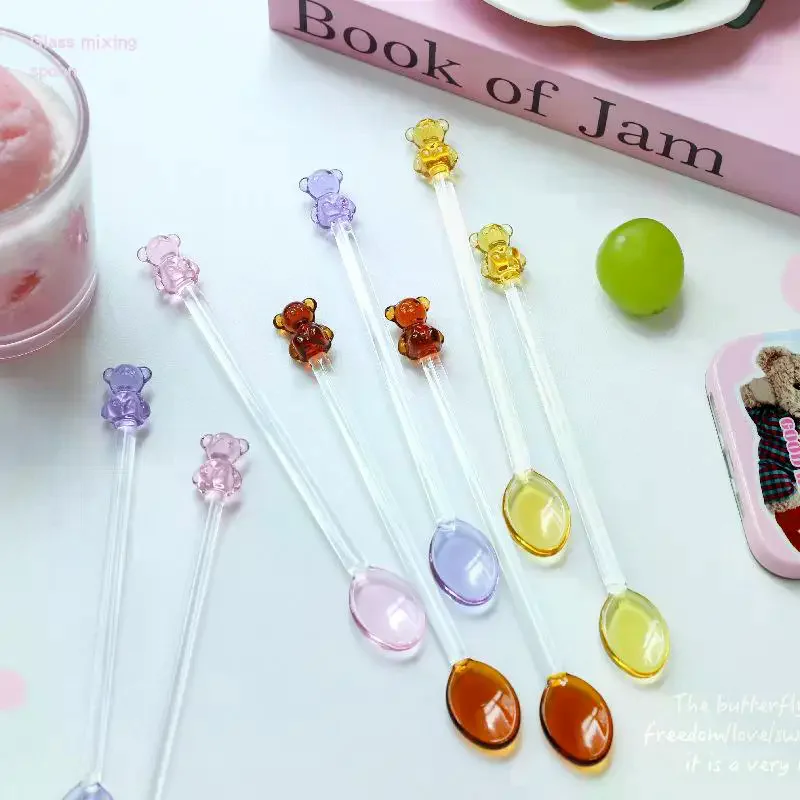 Creative Bear Coffee Spoon Kitchen Dessert Cake Scoops Colorful Glass Tea Spoons Long Handle Mixing Round Spoon