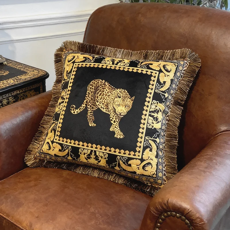 Luxurious Gold Leopard Pillow Case Velvet Chenille Printed Fringe Cushion Cover High-end Sofa Decorative Gift 45x45cm 1 Pc Pack
