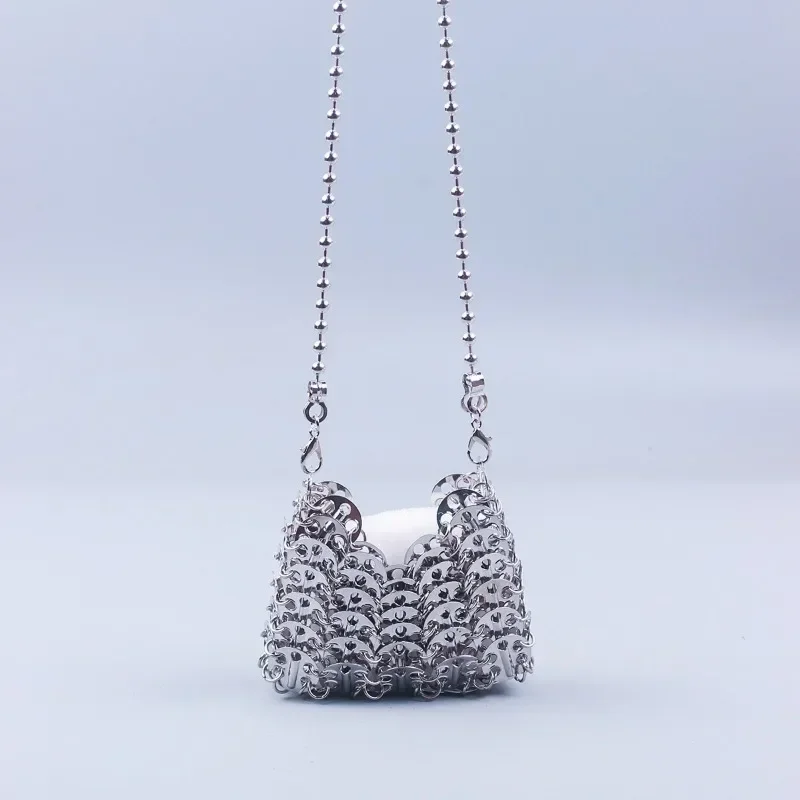 Fashion Hand Woven Mini Metal Sequins Chain Crossbody Bag Gold Silver Shiny Hollow Out Evening Bag Small Lipstick Clutch Bag