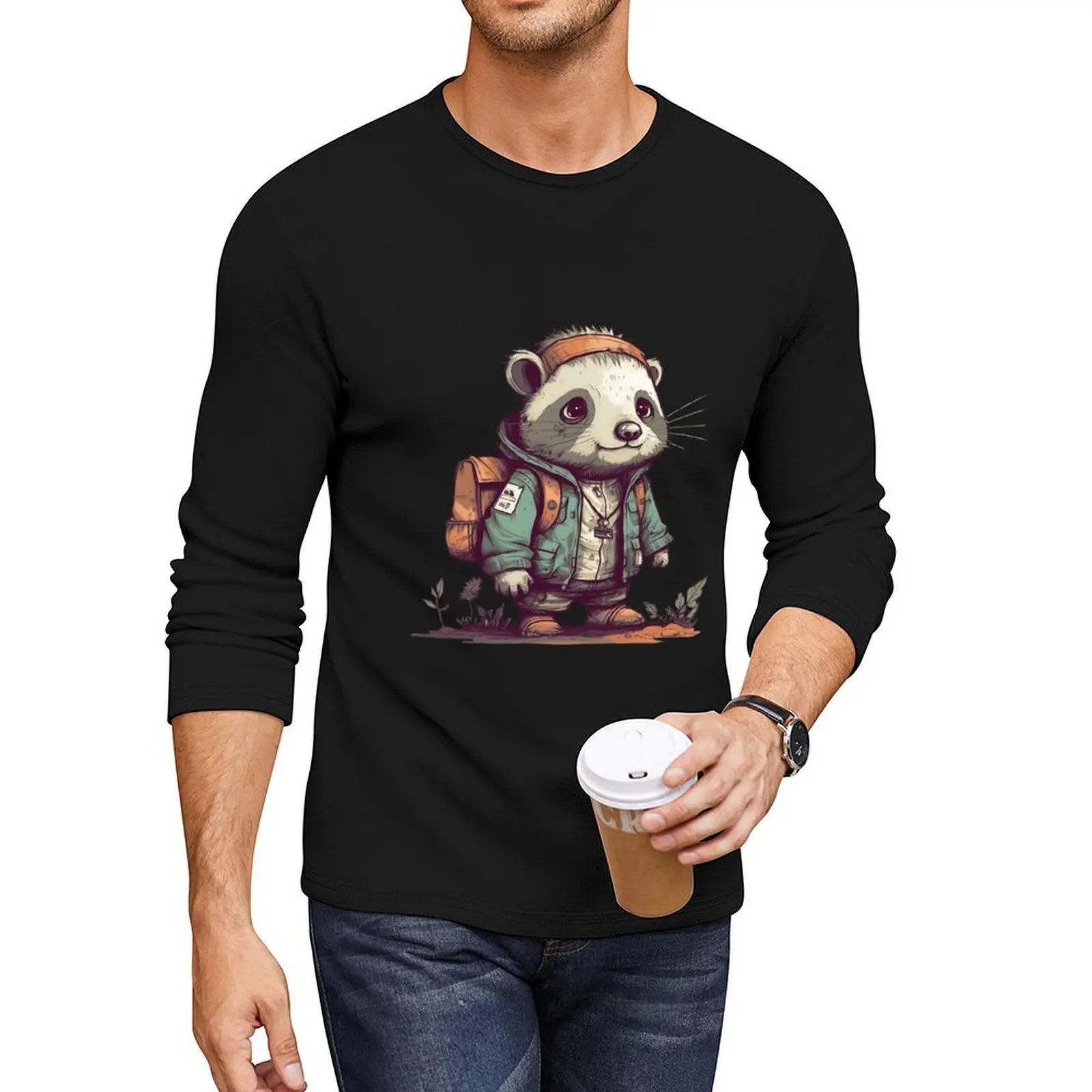 Cute raccoon in post-apocalypse Long T-Shirt cute clothes custom t shirt plus size tops fitted t shirts for men