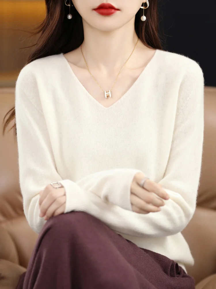 New Style Spring Autumn Knitted Sweater Basic Clothing V-Neck 100% Cashmere Merino Wool High Quality Pullover Knitwear