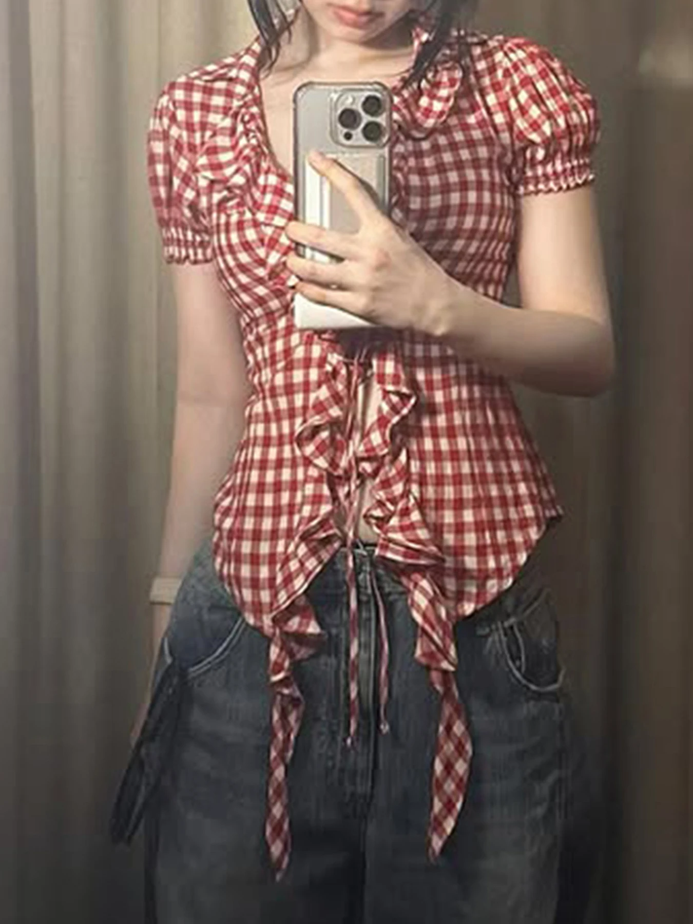 

Sweetown Fashion Plaid Prints Slim Fit Women Causal Shirts Edible Tree Fungus Lace-Up Design Y2k Hottie Design Blouses