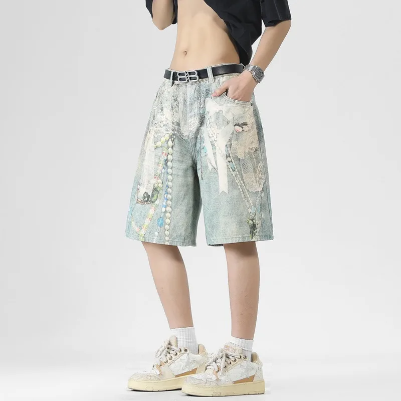 Summer New Lace Pearl Chain Print Men's Jeans Loose Casual Splatterpaint Printed Wide Leg Cropped Knee Lengt Pants view 3