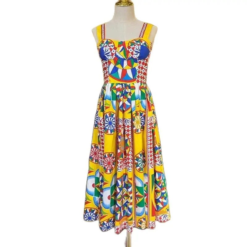 

Summer Fashion Designer Holiday Beach Dress Women Spaghetti Strap Elastic Backless Multicolor Classic Print Party Midi Vestidos