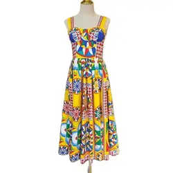 Summer Fashion Designer Holiday Beach Dress Women Spaghetti Strap Elastic Backless Multicolor Classic Print Party Midi Vestidos