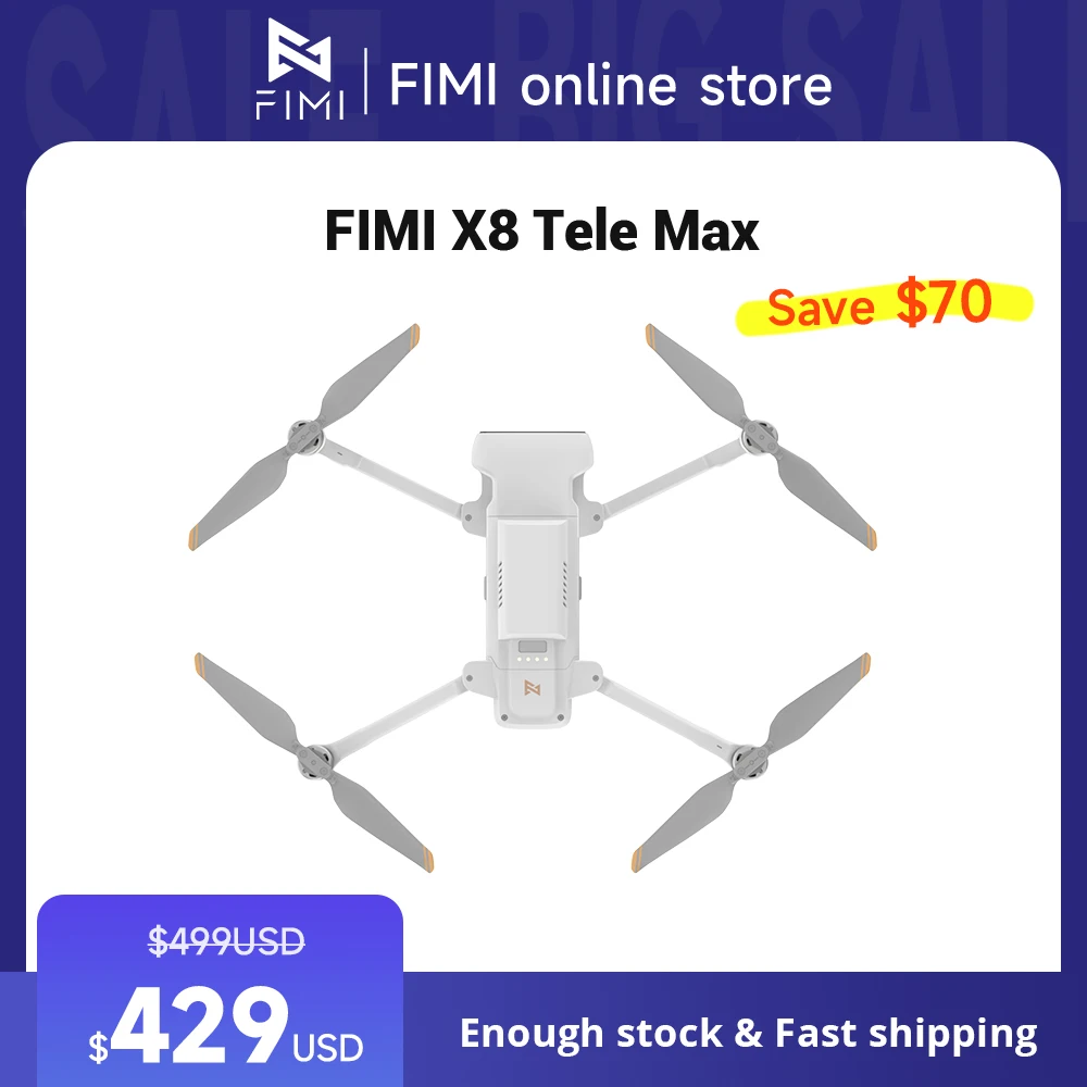 

X8 Tele Max FIMI UAV 1/2" CMOS 4K 60fps, AI Night Mode GPS FPV; 30X Zoom Cam & 3-Axis Gimbal
