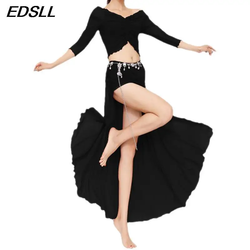 Adult Belly Dance Oriental Practice Set Women Elegant Top+ Sexy Split Skirt Clothes Suit Bellydance Stage Performance