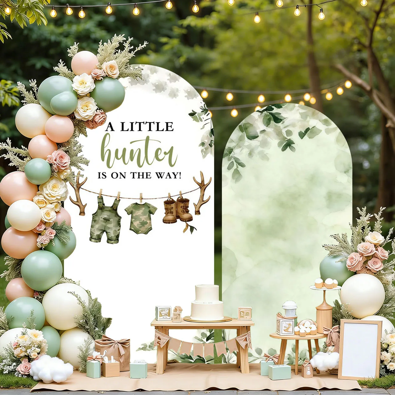 Mehofond Custom Name A Little Hunter Is on The Way Green Leaf  Birthday Party Baby Shower Cover Arch Background Decor Backdrop