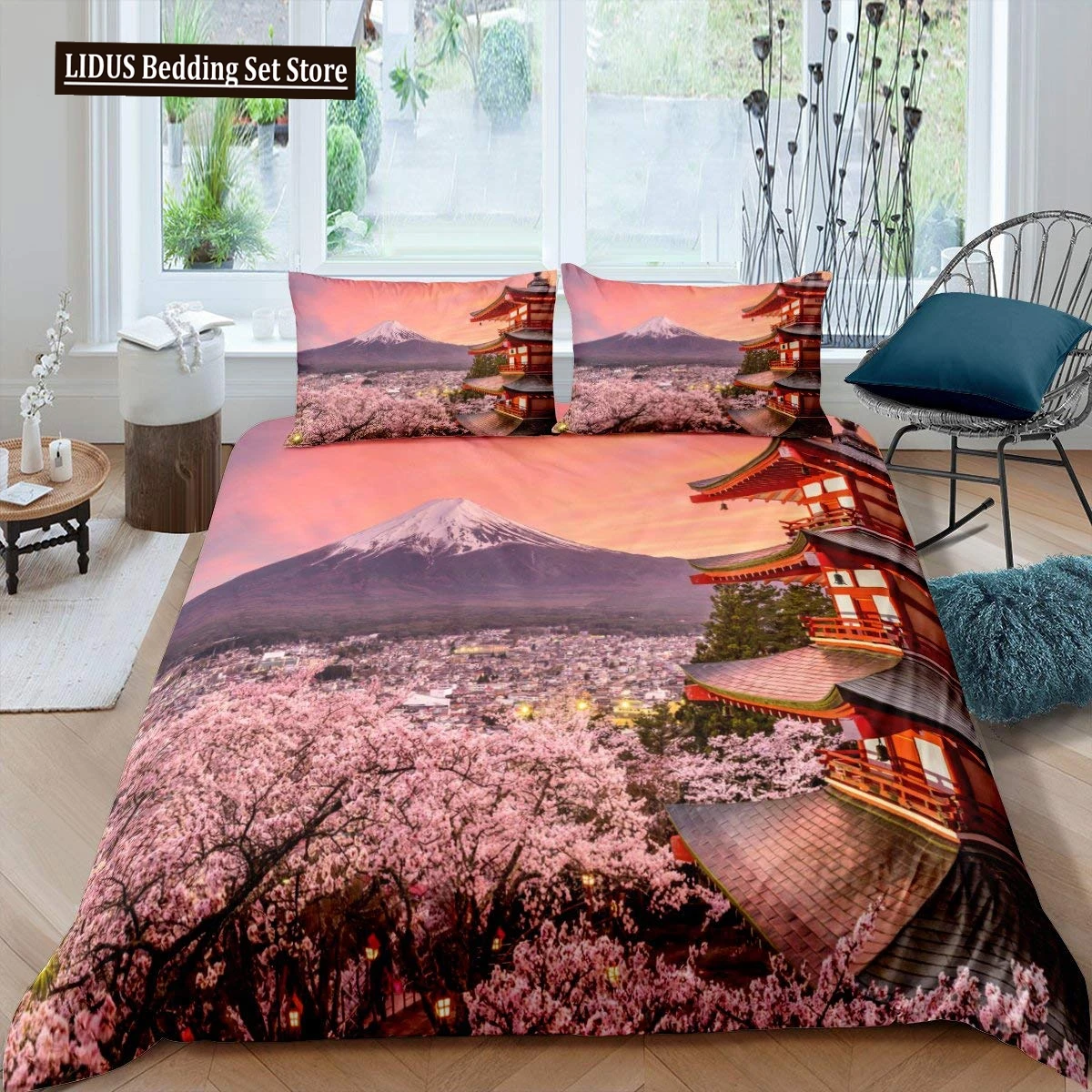 Japan Mount Fuji Duvet Cover Set Cherry Comforter Cover Retro Tower Bedding Set Japanese Ukiyo-E Bedspread Cover Full Queen Size