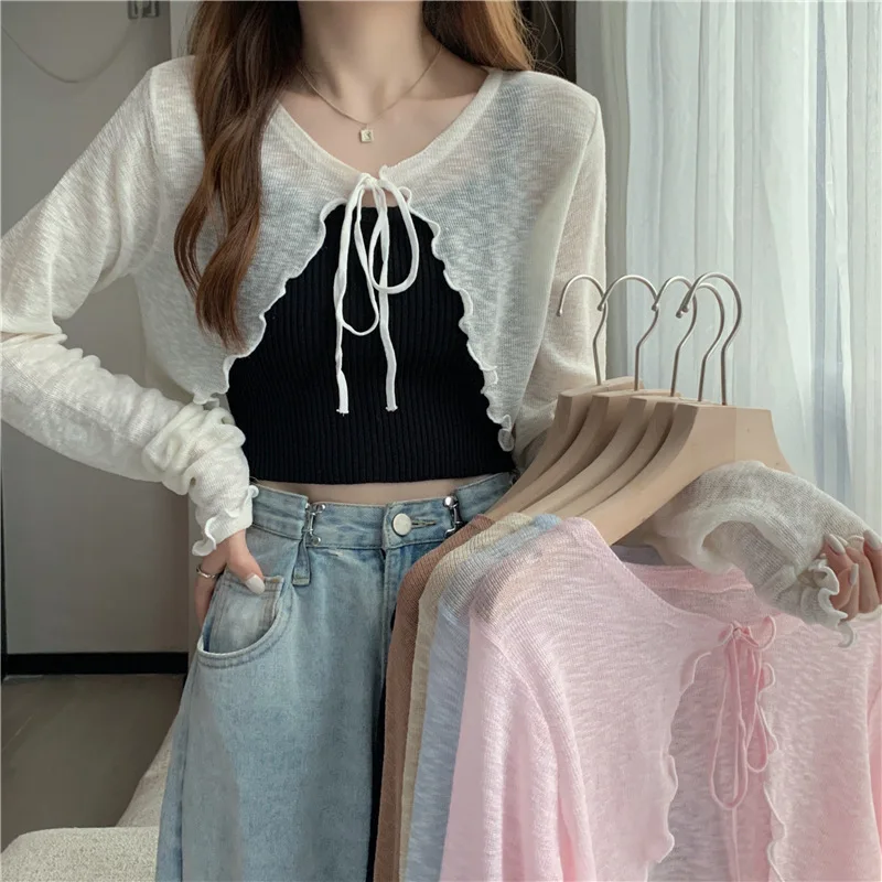 

Summer Thin Casual Sunscreen Lace-Up Tops Fashion Solid Color Cropped Cardigan For Women Girls Sweet Long Sleeve Short Coats