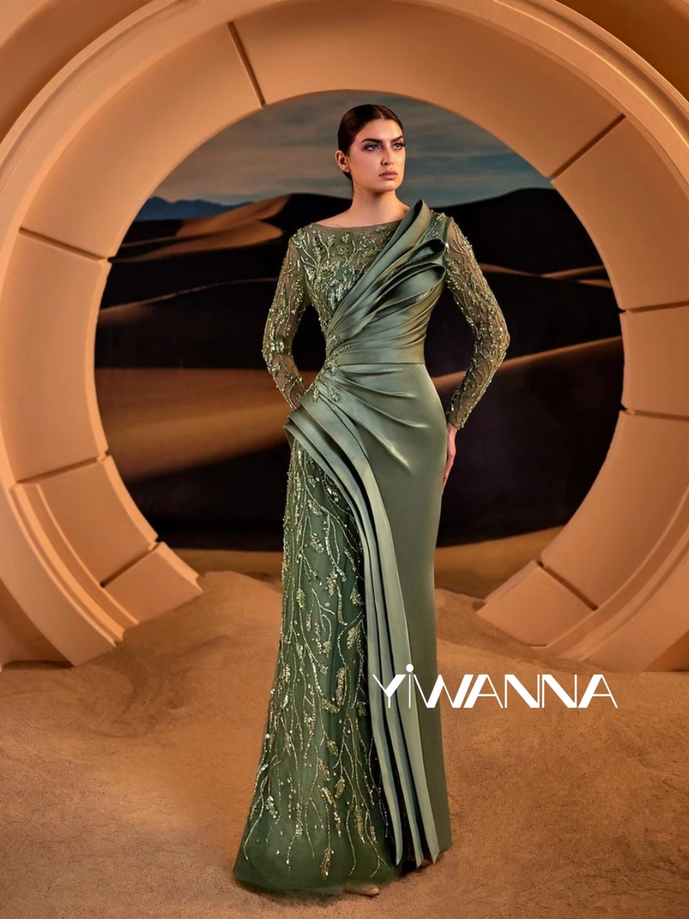 

Gorgeous Sequined Beads Mother Of The Bride Dress For Wedding Green Elegant Prom Dress Customized Long Sleeve Evening Gown