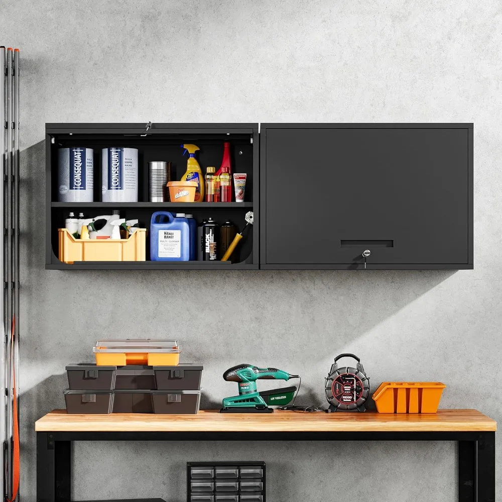 Metal Garage Wall Cabinet with Doors and Shelves, Wall Mounted Metal Storage Cabinet, Floating Garage Tool Cabinet for Garage