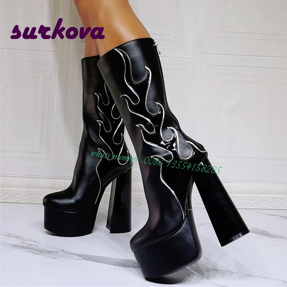 Fire Patchwork Knee High Boots Black Platform Round Toe Chunky Heels Women's Boots Winter Halloween Back Zipper Casual Sexy Shoe