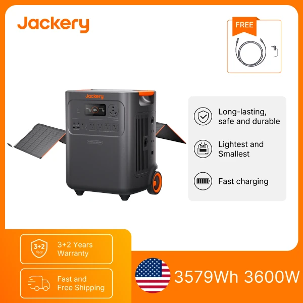 Jackery HP3600 Plus 3579Wh Portable Power Station, 3600W AC Output LiFePO4 Solar Generator with 500W Solar Panel and 5m Extension Cable, Expandable to 21kWh for Home Backup RV