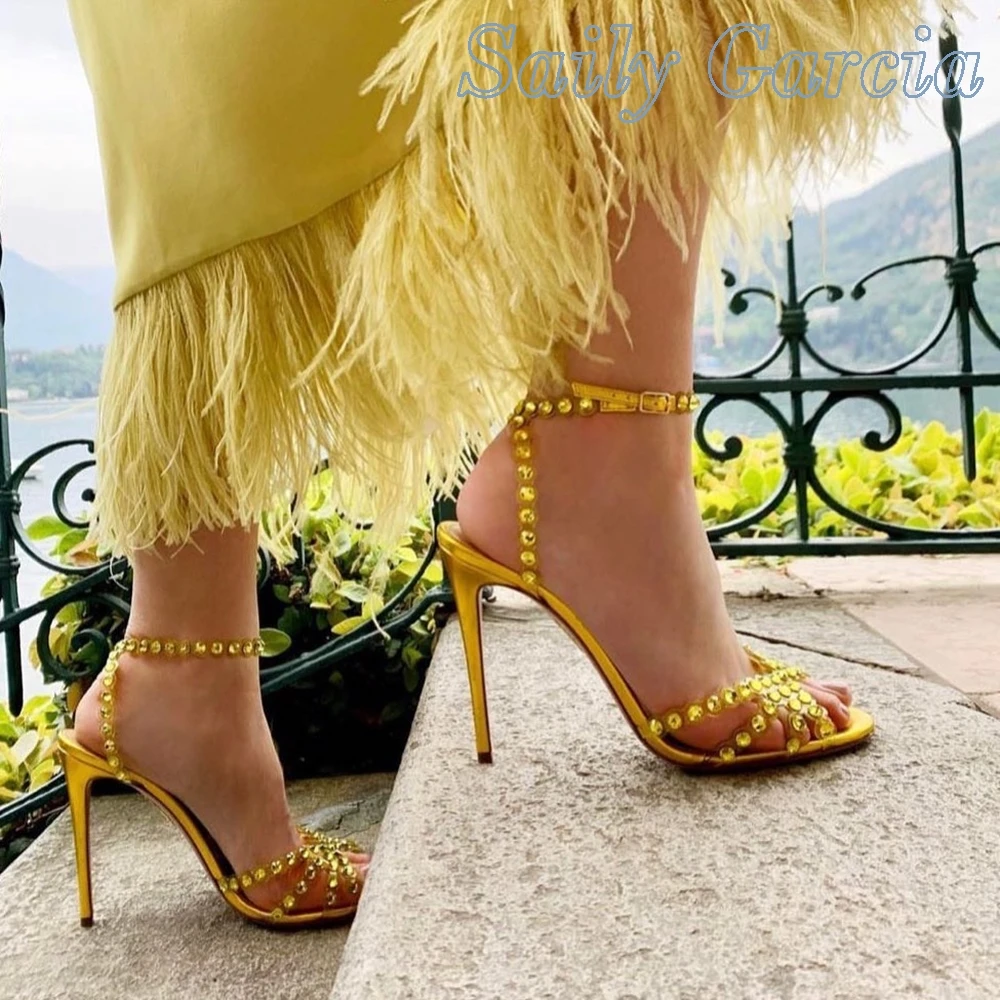 

Yellow Rhinestone Bordered Round Toy Stiletto Heels Sandals Sexy Party Runway Sweet Ladies Luxury 2024 Summer Holiday Shoes