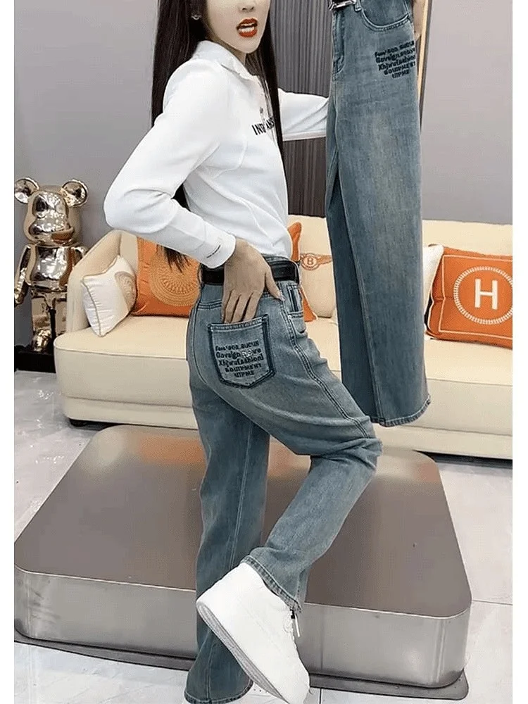 Cintura alta elástica denim jeans feminino verão novo solto versátil fino perna reta até o chão calças de algodão mistura de poliéster