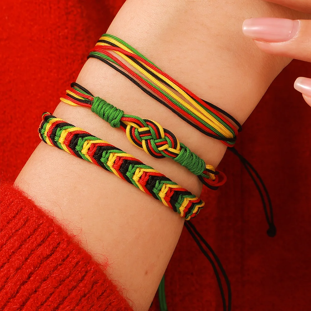 Rasta Striped Macrame Wrap Wristband Bracelets Set - 3pc/Pack - Rasta Colors Friendship Bracelets Cotton Vegan Bohemian Style