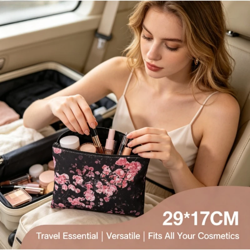 Hot Selling Exquisite Black Plum Handheld Cosmetic Bag for Girls, Large Capacity Portable Travel Sundries Storage Pouch